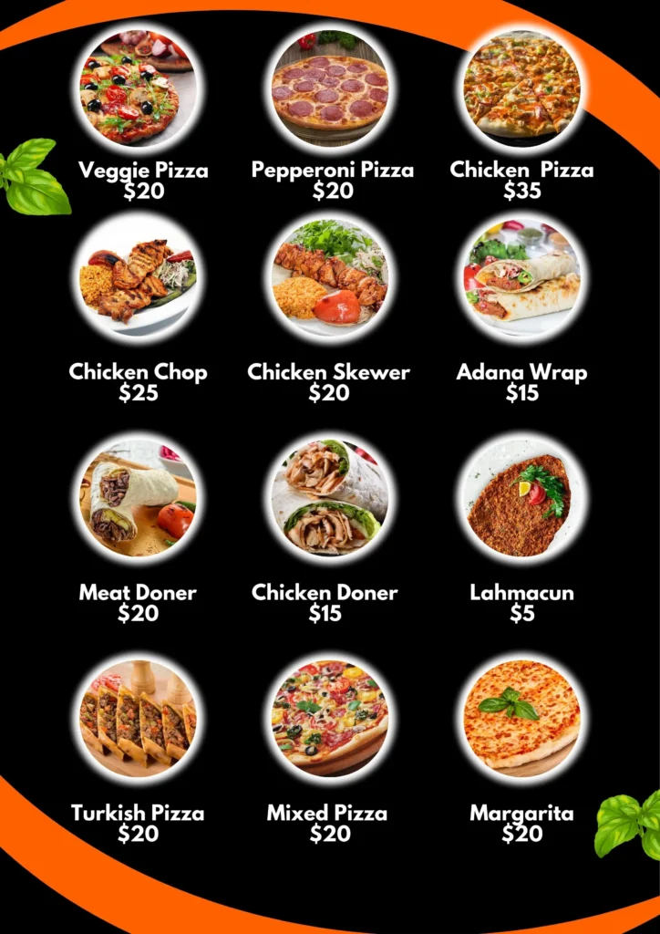 a menu of food on a black background